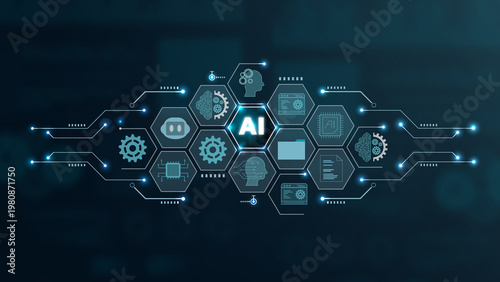 Fotografía Futuristic AI technology graphic featuring interconnected hexagons showcasing various components and ideas of artificial intelligence