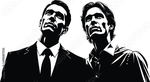 Two confident business men looking upward, leadership vision and success mindset concept, professional partnership and ambition illustration