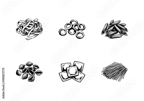 Italian Pasta Varieties and Traditional Noodle Shapes with Hand-Drawn Inky Doodle and Organic Textural Details.