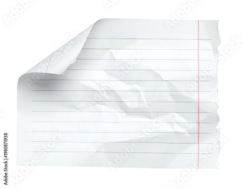 Torn lined paper with a crumpled texture and curled corner