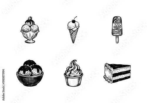 Ice Cream Sundaes and Frozen Summer Desserts with Fluid Engraving Style and Hand-Drawn Sketchy Style for Commercial Design