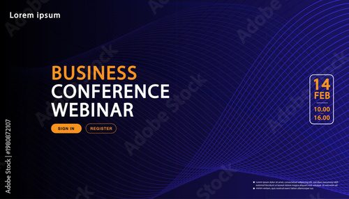 Professional corporate webinar landing page template with abstract blue wave lines for online business conference or digital marketing event.