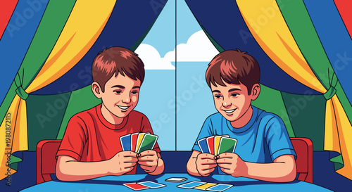 Two young boys playing a card game together indoors with a colorful backdrop