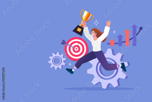 Successful businesswoman jumping and holding golden trophy with target board and gear wheels for career goal achievement concept.