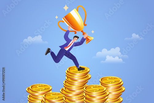 High return on investment and financial freedom concept with businessman reaching success goals and winning profit from stock market or business growth on golden coins stack.