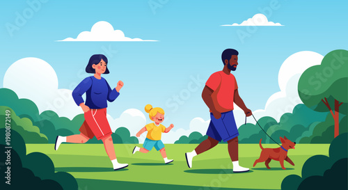 Family enjoying a healthy outdoor activity, jogging together in a park with their dog, promoting an active lifestyle