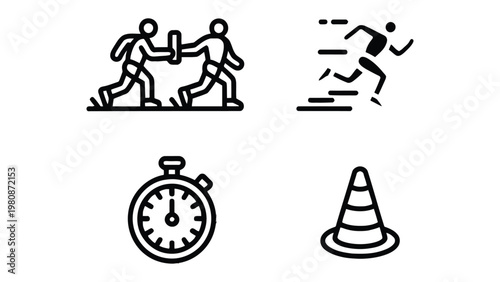 Sporting Icons: A series of stylized line icons represents the essence of sports and athletic competition. Includes fencing, running, stopwatch, and traffic cone. 