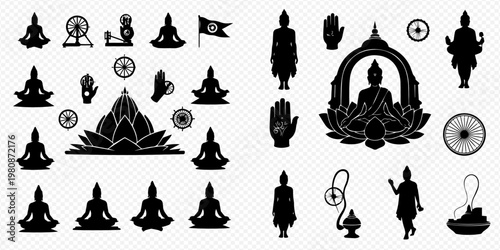 Jainism religion symbols and icons set, black silhouettes of religious figures and objects.