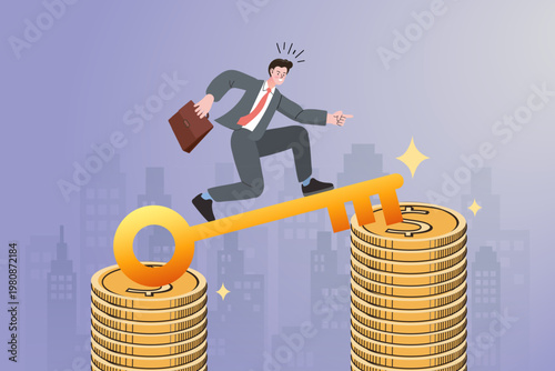 Businessman using golden key bridge to reach money coins stack for financial problem solving and investment success concept featuring professional wealth management strategy.