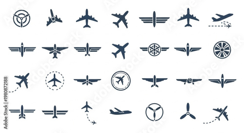 Collection of airplane icons and symbols for aviation.
