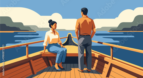 A couple enjoys a scenic boat ride on a clear day, appreciating the tranquil waters and distant hills