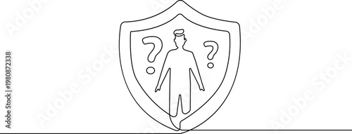 Continuous one line drawing of Shield icon, protection symbol, security sign, question mark