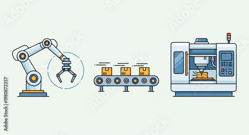 Automated industrial manufacturing process with robotic arm conveyor belt and machine.