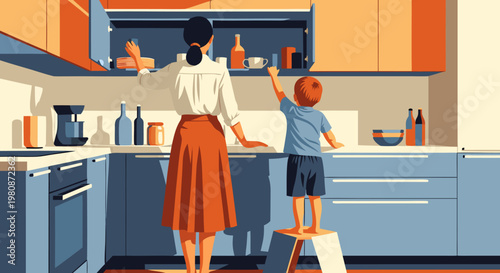 A mother and child reaching for items on a kitchen cabinet, illustrating a scene of daily domestic life