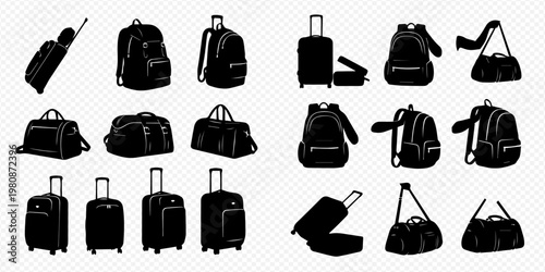 Collection of various travel bags and luggage silhouettes for journeys and vacations.