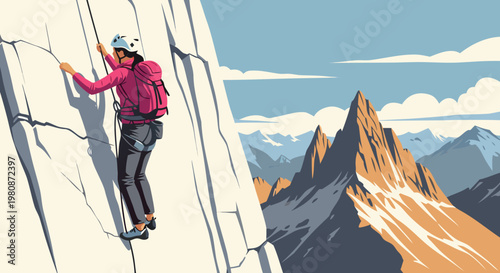 An adventurous woman ascends a rugged mountain peak, showcasing determination and the thrill of outdoor exploration amidst a breathtaking alpine vista