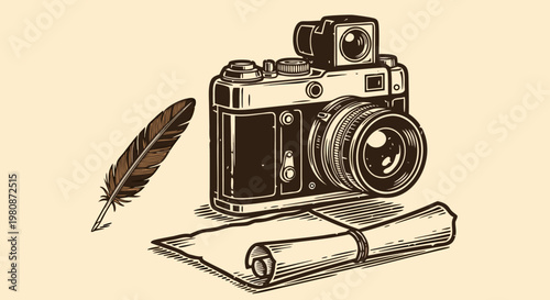 Vintage camera and feather quill with scroll, evoking a sense of classic storytelling and timeless photography