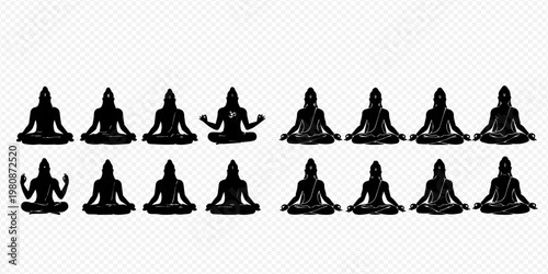 Set of black Buddha silhouettes in various meditation poses, representing peace and spiritual well-being.