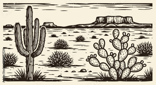 Desert landscape illustration with saguaro and prickly pear cacti, dry bushes, and distant mesas