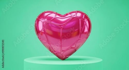 Shiny pink heart on green background.