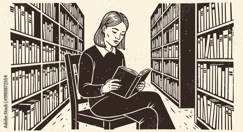 A young woman engrossed in reading a book while sitting on a chair amidst bookshelves in a library, illustration