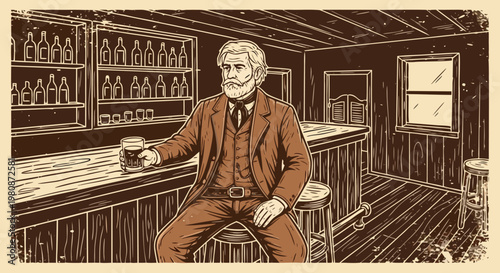 A vintage illustration depicts an old man in a saloon, holding a glass of beer