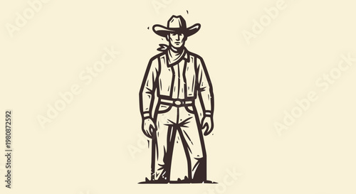 A Vintage Style Illustration of a Cowboy Standing Firmly on the Ground, Depicting the Spirit of the American West