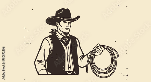 Vintage illustration of a strong cowboy holding a lasso with a classic hat and vest