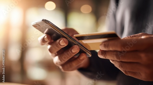 Person holding smartphone and credit card for mobile payment in a modern indoor setting