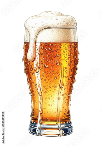 Vibrant watercolor illustration of a cold pint glass of pale ale beer with condensation and a foam head on a white background, concept for beverage advertising