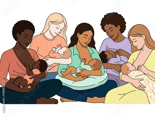 Diverse Group of Mothers Breastfeeding Infants Illustration