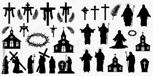 Christianity symbols and religious icons set, including crosses, churches, Jesus, and other spiritual elements.