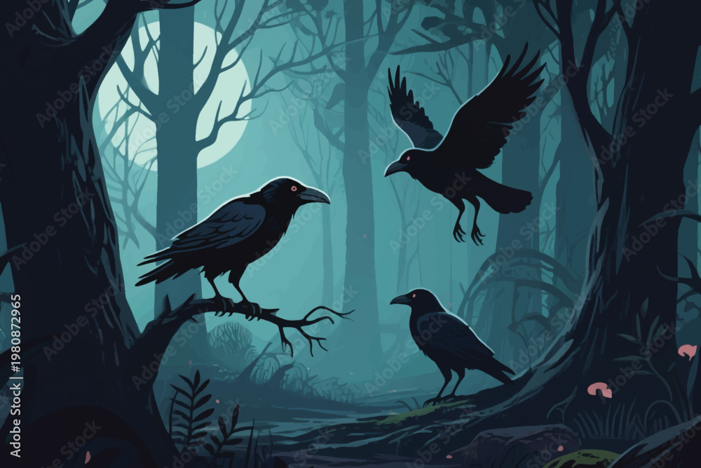 Fototapeta premium A Flock of Crows in the Scary Forest Illustration Creative Design Template 