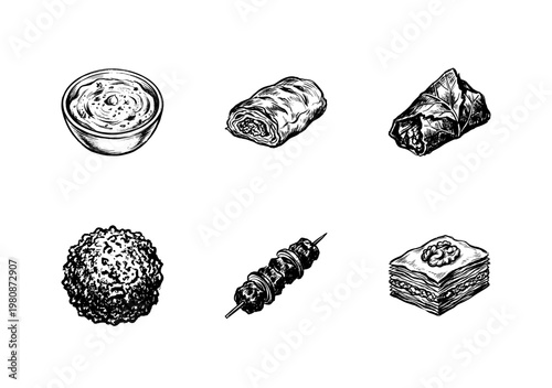 Arabic Food and Middle Eastern Cuisine Elements with Hand-Drawn Inky Doodle and Organic Sketchy Textures