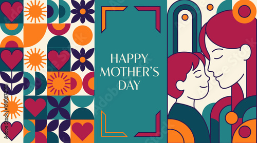 Modern Happy Mother's Day Graphic with Bauhaus Geometric Patterns and Stylized Mother and Child Illustration