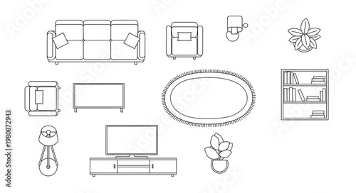 Collection of hand drawn furniture and home decor items.