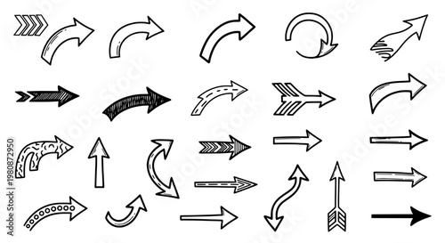 Arrows hand drawn set with black curved lines and various arrowhead styles for direction and navigation