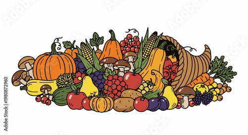 Abundant harvest of colorful fruits and vegetables overflowing from a horn of plenty