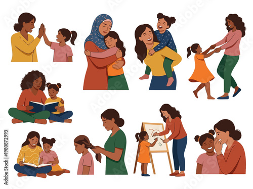 Diverse Mothers and Daughters Illustration Set: Multicultural Parenting and Bonding Scenes including Reading, Playing, and Hugging
