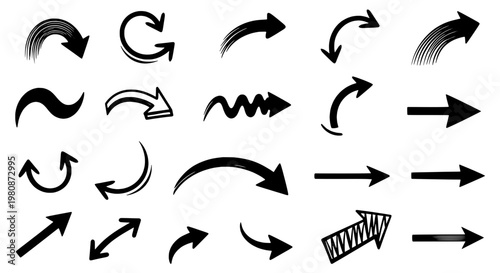 Arrows hand drawn set with black curved lines, pointers and directional symbols featuring vector, illustration, graphic with design and icons