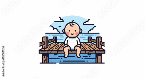 Adorable baby sitting on wooden dock by water