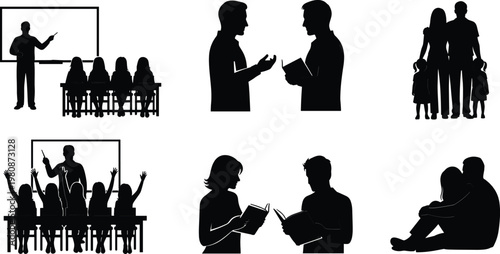 Education and family silhouettes set with teacher teaching students, parents with children, people reading books and discussion, learning lifestyle concept illustration