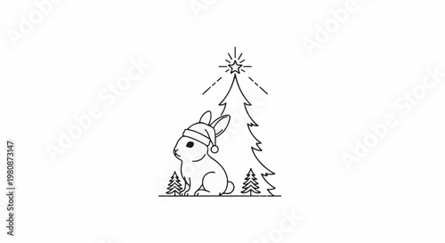 Adorable bunny in festive hat sits near a Christmas tree with a bright star