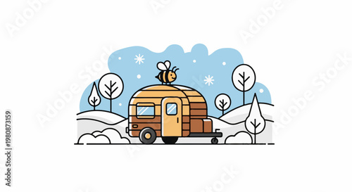 Adorable bee rests on a cozy winter caravan amidst snow-covered trees