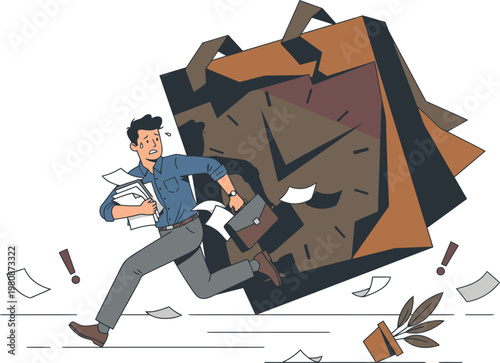 overwhelmed businessman running from large pile.
