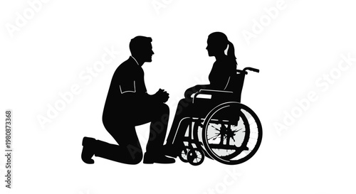 Silhouette of a man kneeling next to a woman in a wheelchair for care and support concept