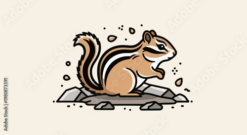 Adorable cartoon chipmunk with striped fur sitting on rocks, surrounded by scattered seeds