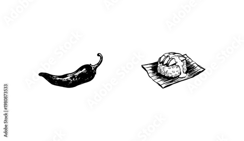 Traditional Thai Food Specialties and Asian Cuisine Dishes with Fluid Engraving Style and Hand-Drawn Sketchy Style