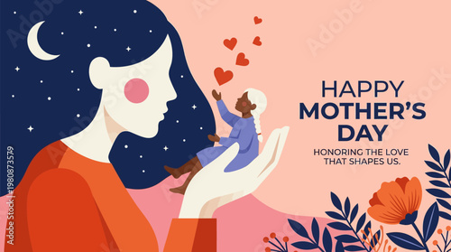Happy Mother's Day Illustration with Conceptual Art of Mother Holding Child, Night Sky Hair and Floating Hearts
