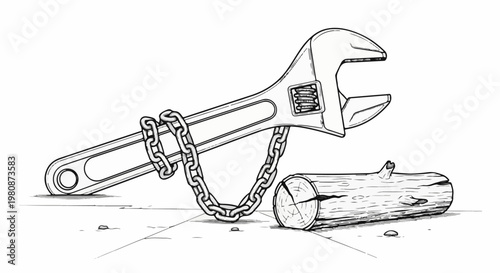 Adjustable wrench and metal chain entwined around a rough wooden log on tiled surface